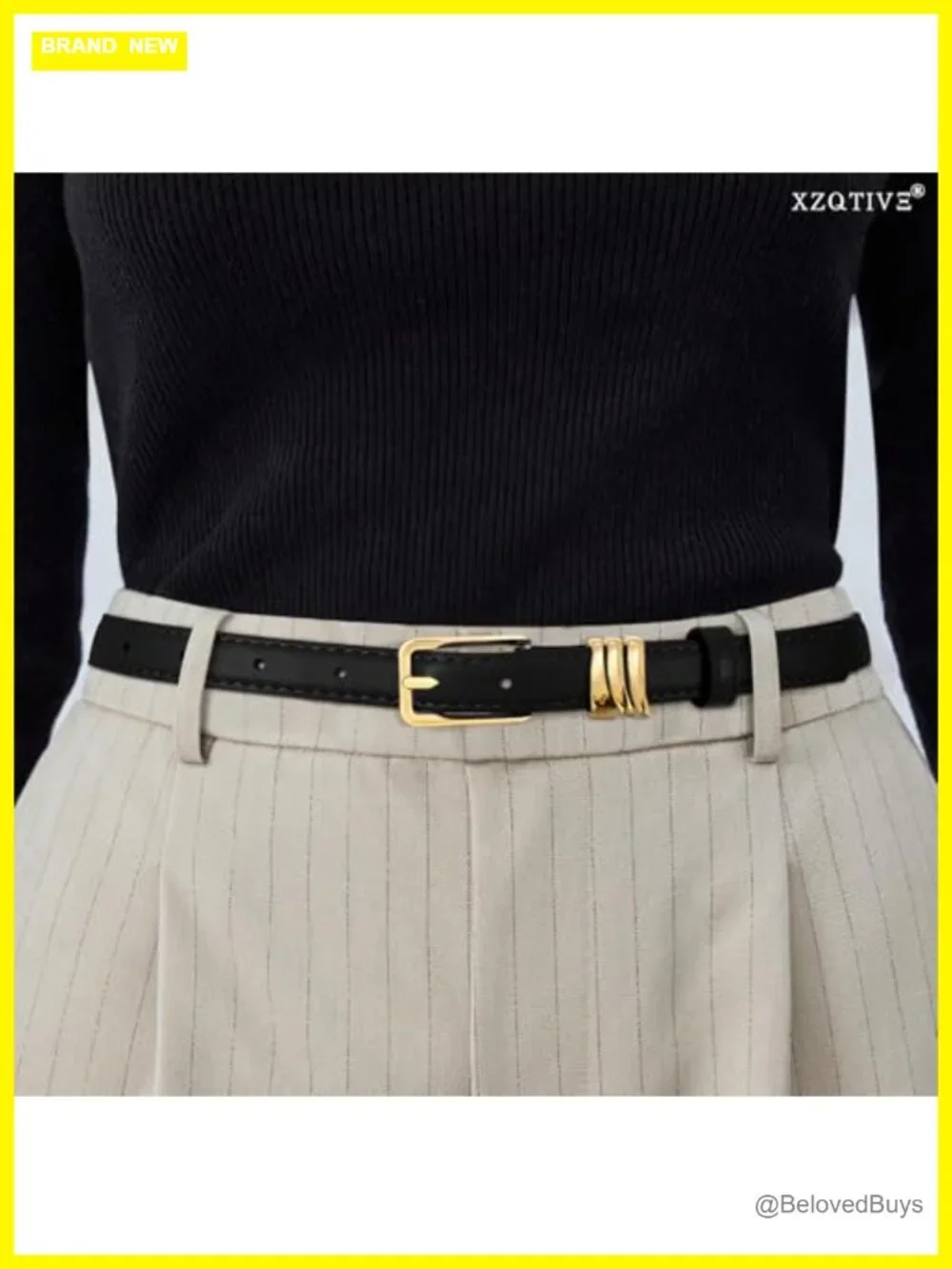 Women Skinny Faux Leather Belt with Gold Buckle and Metal Loops